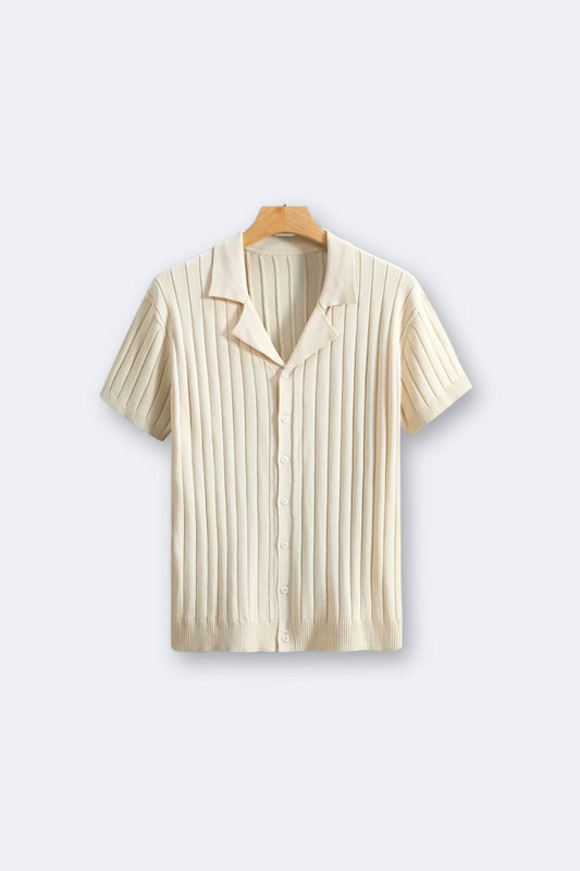 Old Money Classic Ribbed Short Sleeve Lapel Collar Knitted Shirt - 100% Viscose Solid Color Regular Fit Knit Top