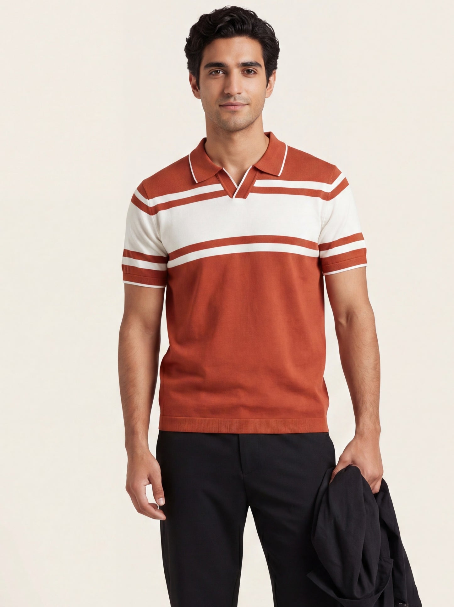 Rust Striped Knit Polo T-Shirt