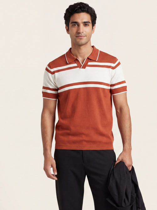 Rust Striped Knit Polo T-Shirt