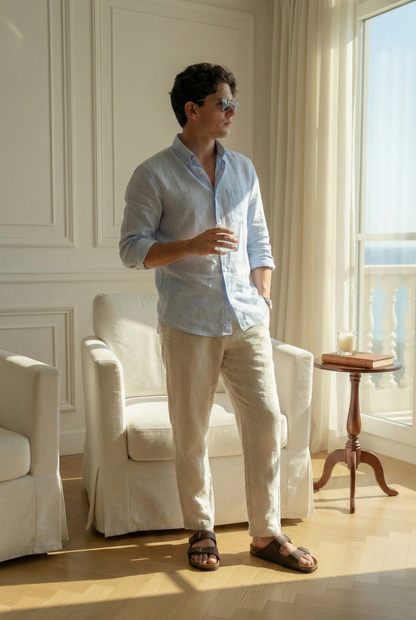 Old Money Blue & Beige Classic Combo - Lotus Linen 2-Piece Duo Set Shirt & Pants