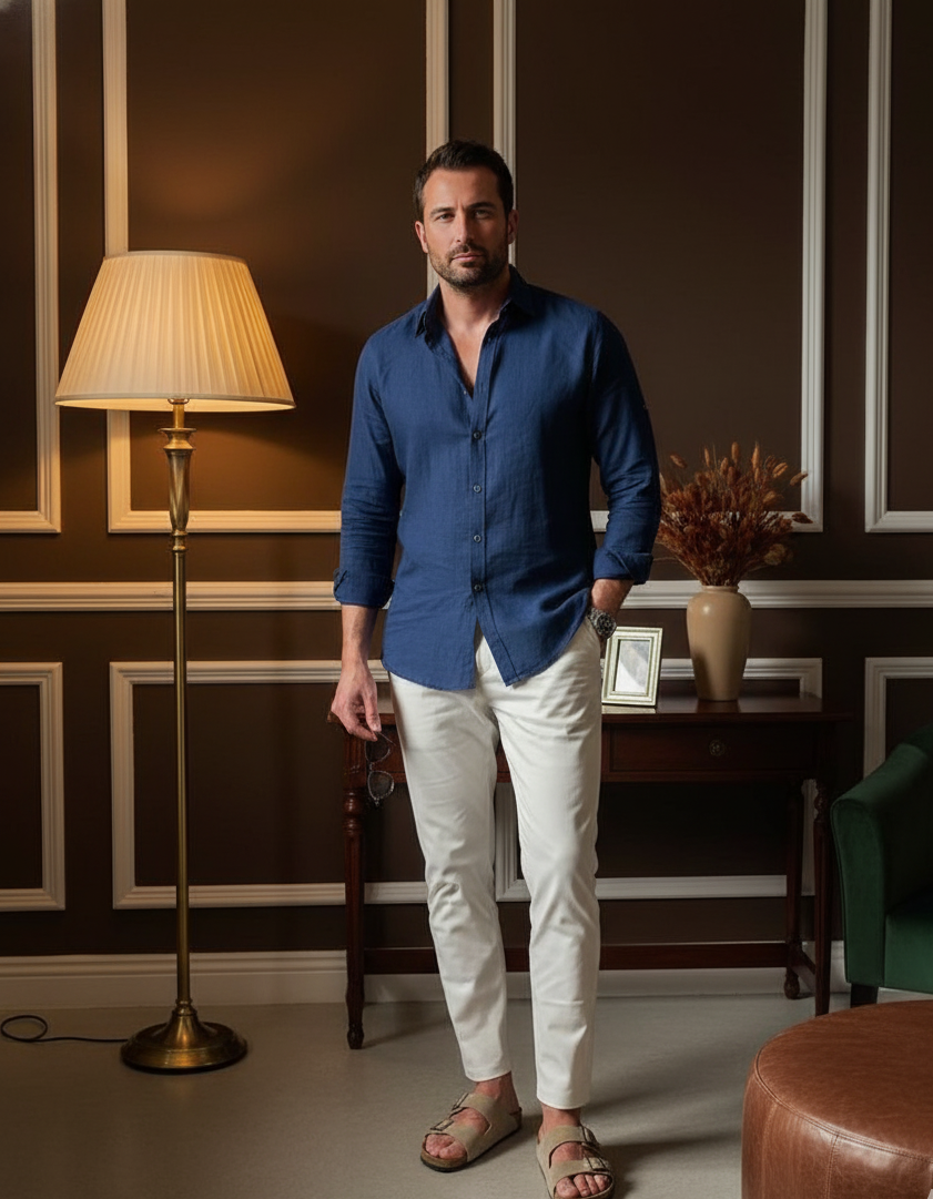 Old Money Navy Classic Linen Shirt and Pants 2-Piece Duo Set - Poly Linen