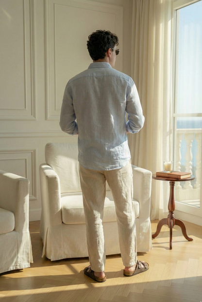 Old Money Blue & Beige Classic Combo - Lotus Linen 2-Piece Duo Set Shirt & Pants