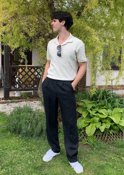 Old Money Woolen Structured Polo T-Shirt - Men's V-Neck Short Sleeve Classic Polo Shirt - Organically Grown Cotton