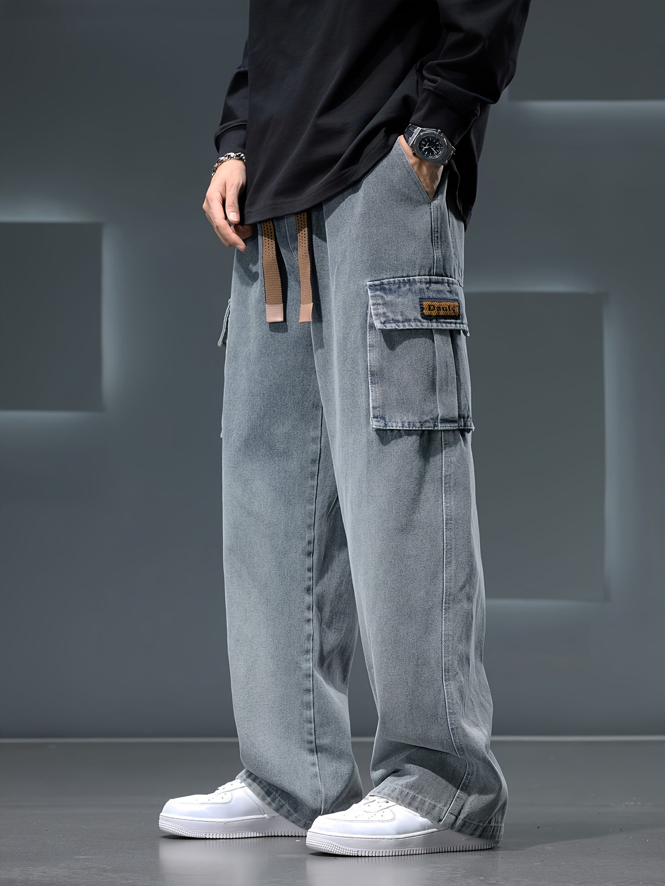 Men'S Straight Wide-Leg Jeans with Draping Effect, Gradient Color, Washed End, And Utility Style