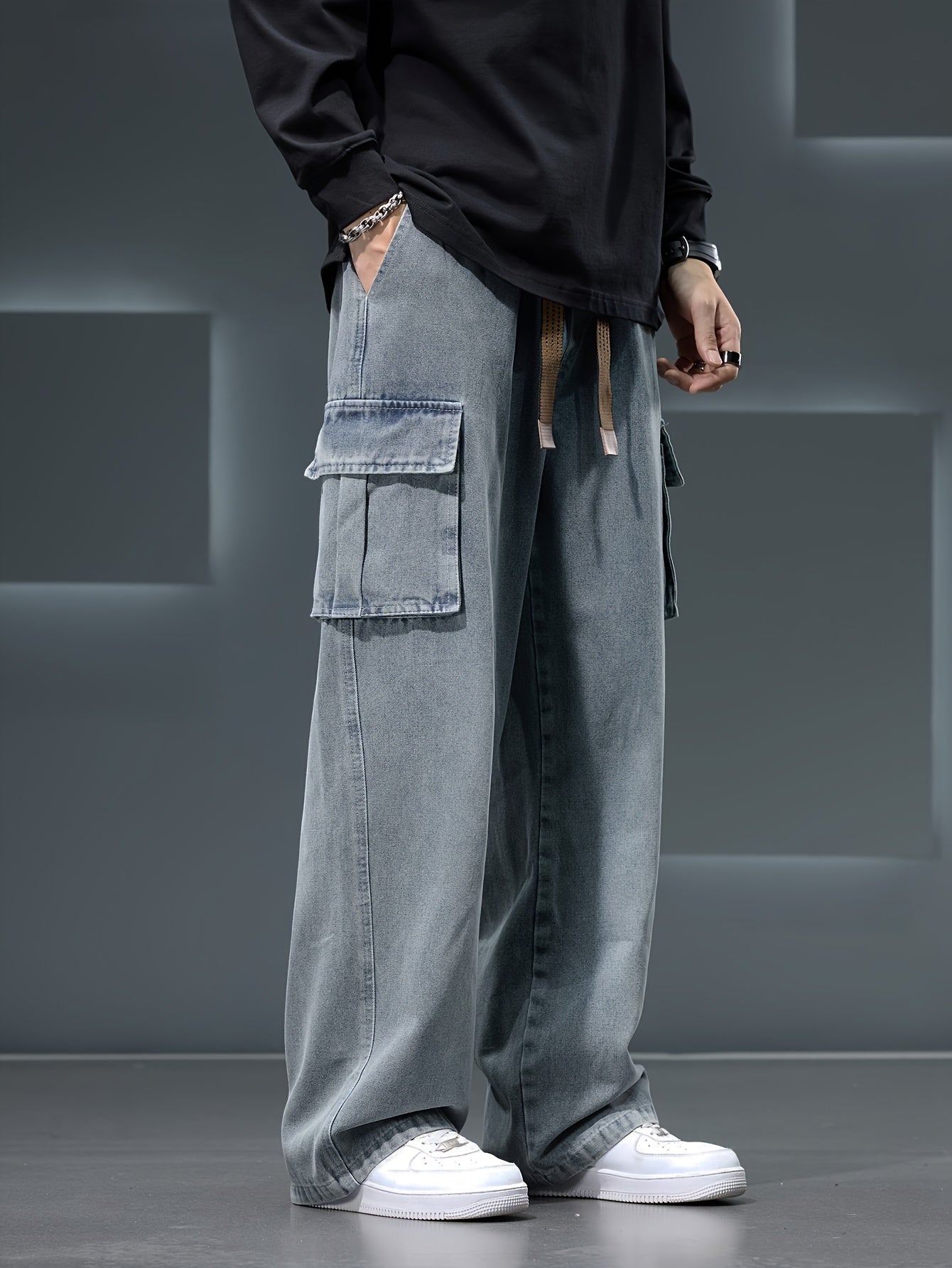 Men'S Straight Wide-Leg Jeans with Draping Effect, Gradient Color, Washed End, And Utility Style