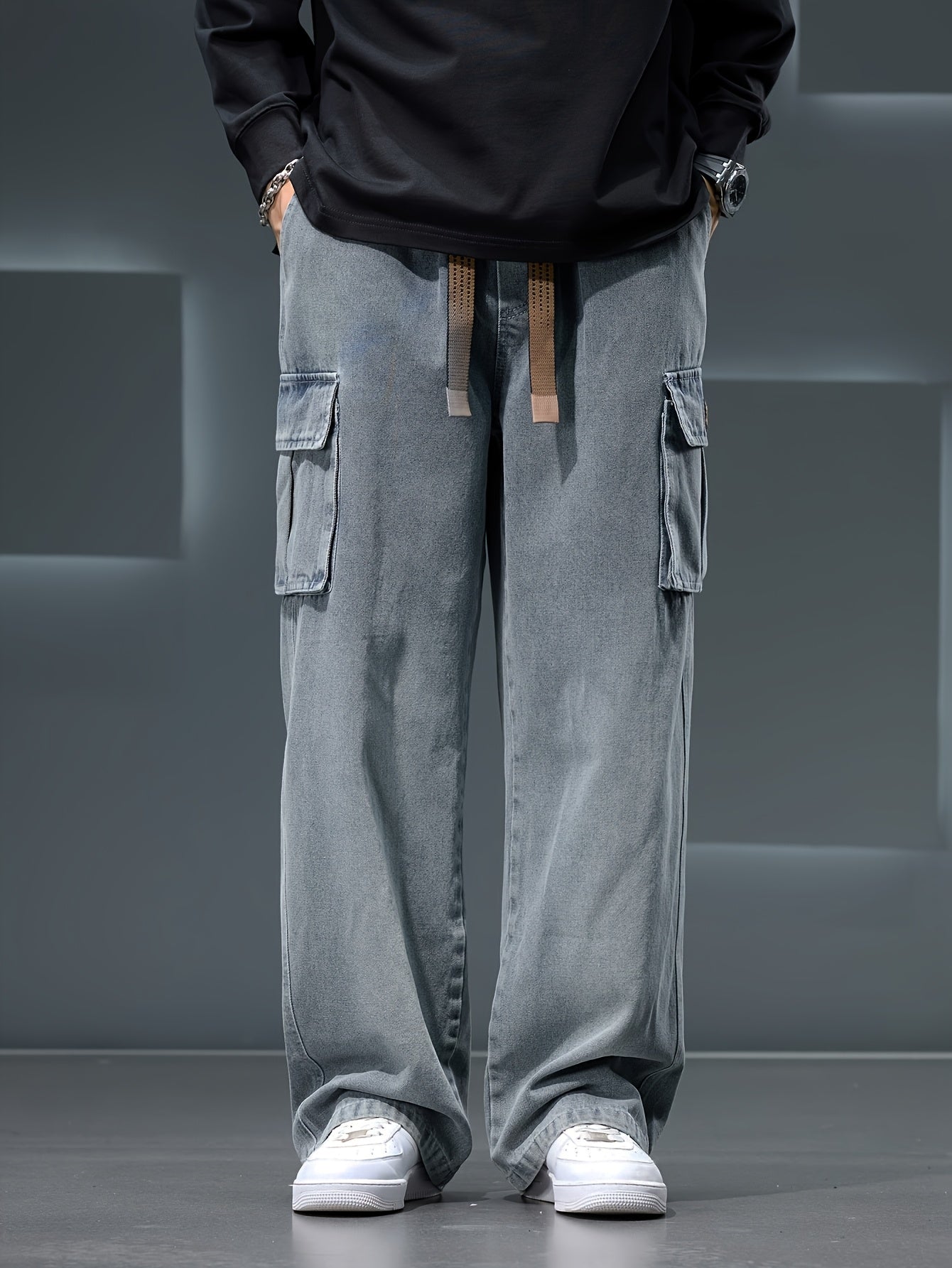 Men'S Straight Wide-Leg Jeans with Draping Effect, Gradient Color, Washed End, And Utility Style