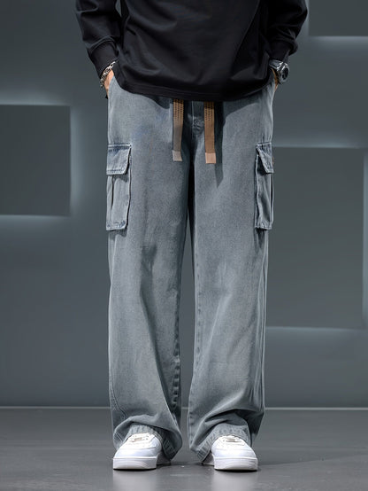 Men'S Straight Wide-Leg Jeans with Draping Effect, Gradient Color, Washed End, And Utility Style