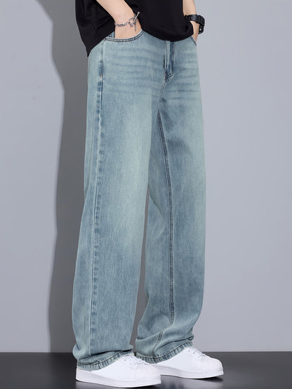 Hong Kong Style Vintage Distressed Youth Literary Light Blue Fashion Easy Men'S Autumn Washed Denim Jeans Casual All-Match Basic Commute Outdoor Leisure Loose Comfortable All-Season Men'S Straight Long Trousers (Kane.Zhang)