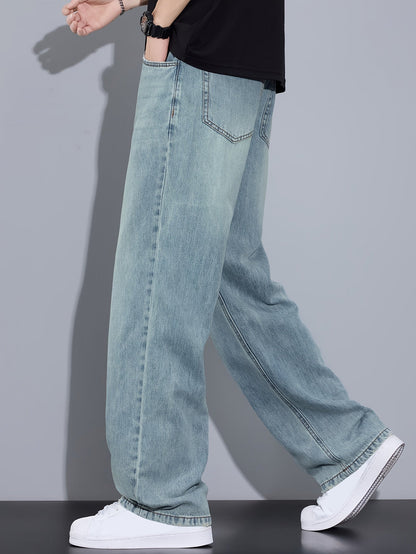 Hong Kong Style Vintage Distressed Youth Literary Light Blue Fashion Easy Men'S Autumn Washed Denim Jeans Casual All-Match Basic Commute Outdoor Leisure Loose Comfortable All-Season Men'S Straight Long Trousers (Kane.Zhang)
