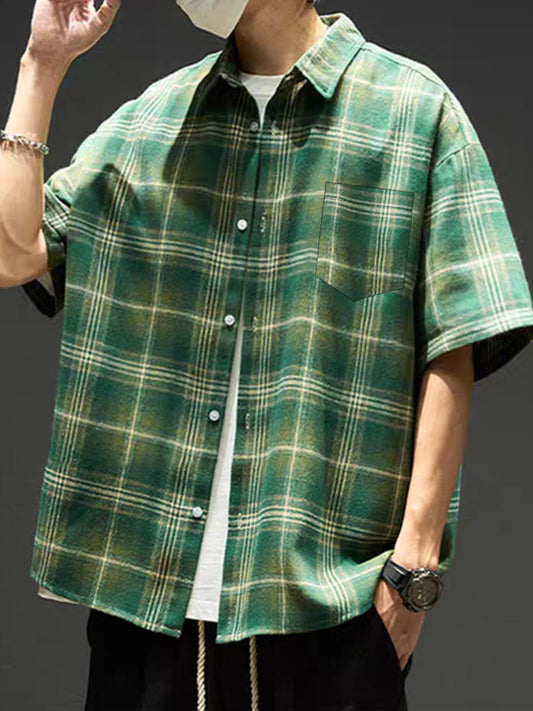 Men's American Vintage Style Green Plaid Short-Sleeve Shirt, Casual Lapel Collar, Trendy Outerwear Plaid Shirt