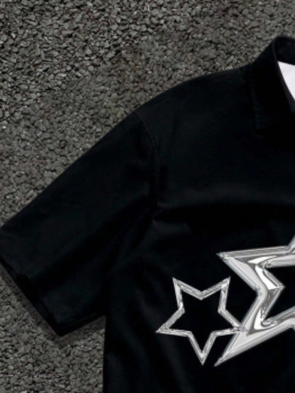 [Black Star-Print Shirt] Men's Black Star-Print Shirt | Casual Short-Sleeve | Summer Resort