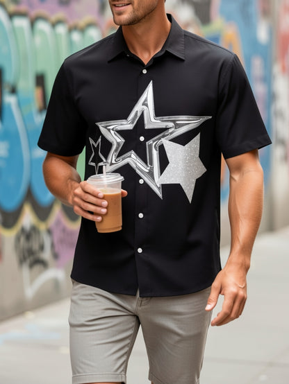 [Black Star-Print Shirt] Men's Black Star-Print Shirt | Casual Short-Sleeve | Summer Resort