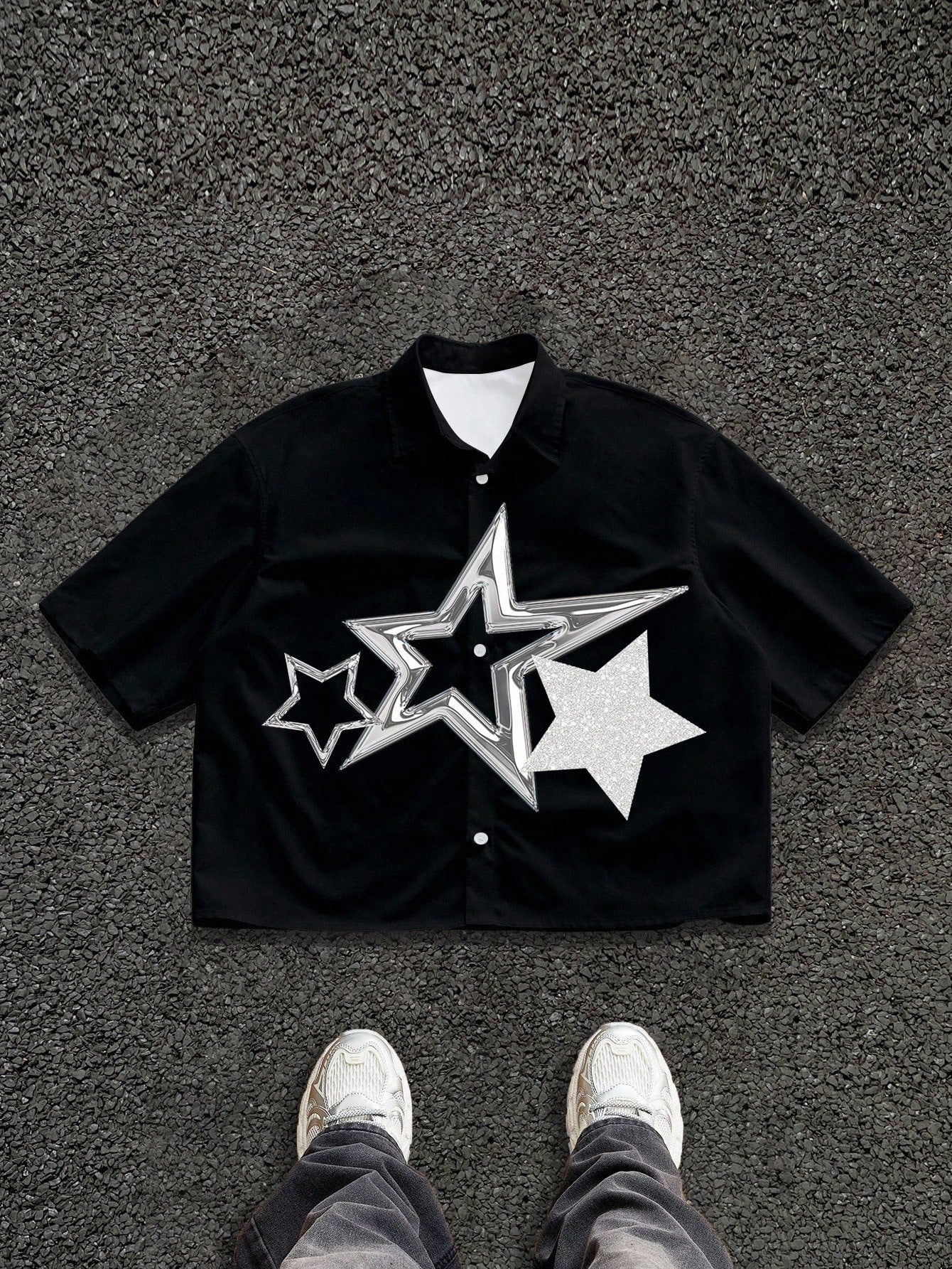[Black Star-Print Shirt] Men's Black Star-Print Shirt | Casual Short-Sleeve | Summer Resort