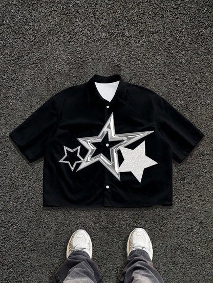 [Black Star-Print Shirt] Men's Black Star-Print Shirt | Casual Short-Sleeve | Summer Resort