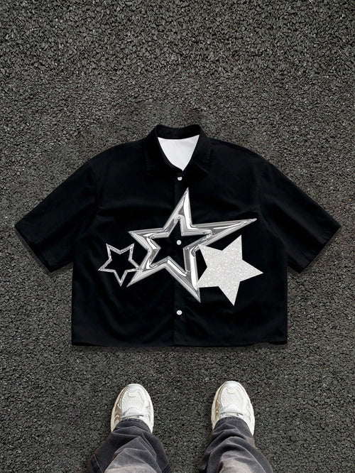 Men's Black Star Print Short Sleeve Shirt – Casual Button-Up Summer Resort Shirt