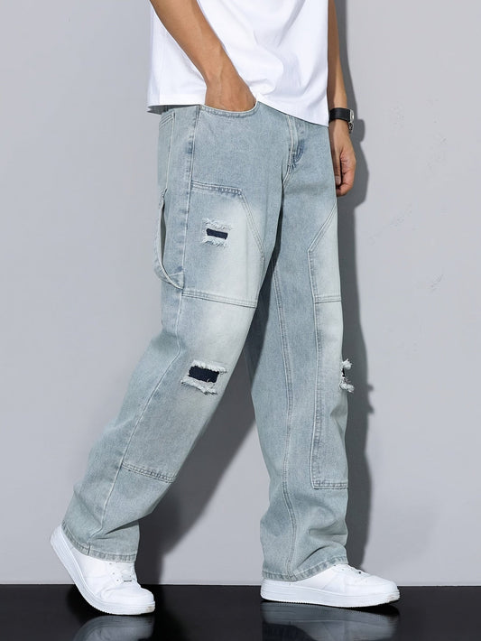 Classic Vintage-Style Men'S Distressed Jeans, Featuring a Light Color Design with Patch Elements, High-Quality And Suitable for All Seasons, Highly Recommended for Collection
