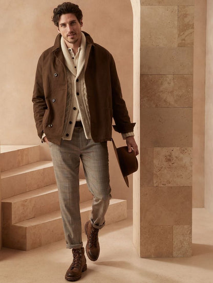 Men's Old Money Velvet Shacket - Brown Premium Cotton Shirt Jacket with Button Closures and Front Pocket