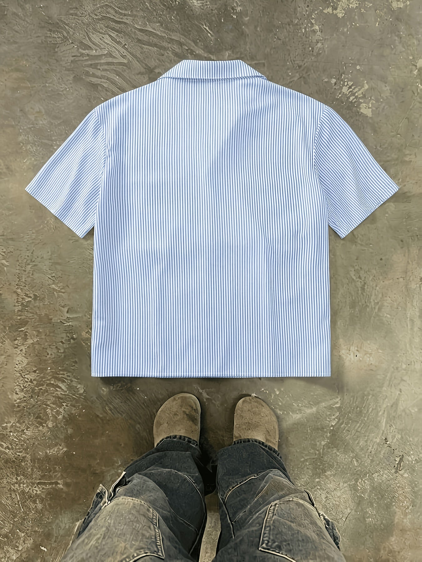 Men's Oversized Cuban Collar Shirt - Black And White Stripe Streetwear Casual Short Sleeve Top with Badge Patch
