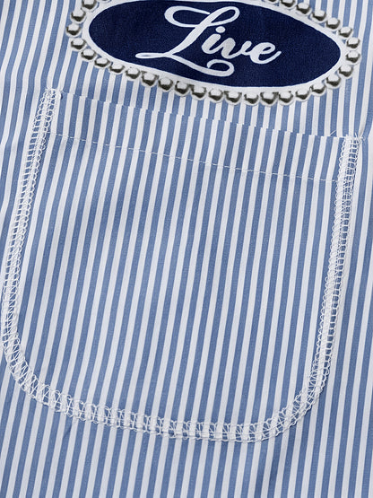 Men's Oversized Cuban Collar Shirt - Black And White Stripe Streetwear Casual Short Sleeve Top with Badge Patch