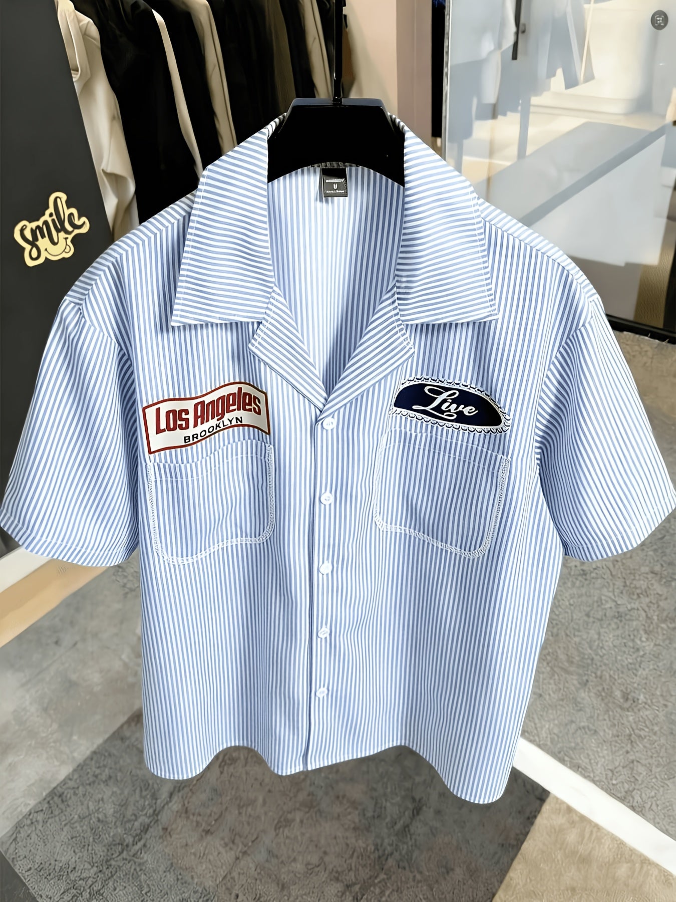 Men's Oversized Cuban Collar Shirt - Black And White Stripe Streetwear Casual Short Sleeve Top with Badge Patch