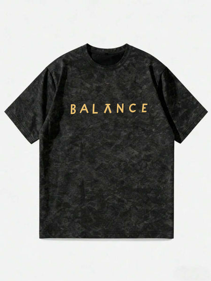 Men's Vintage Washed Distressed T-Shirt - Oversized Loose Fit Retro Tee with Brain/Heart Back Print & BALANCE Lettering
