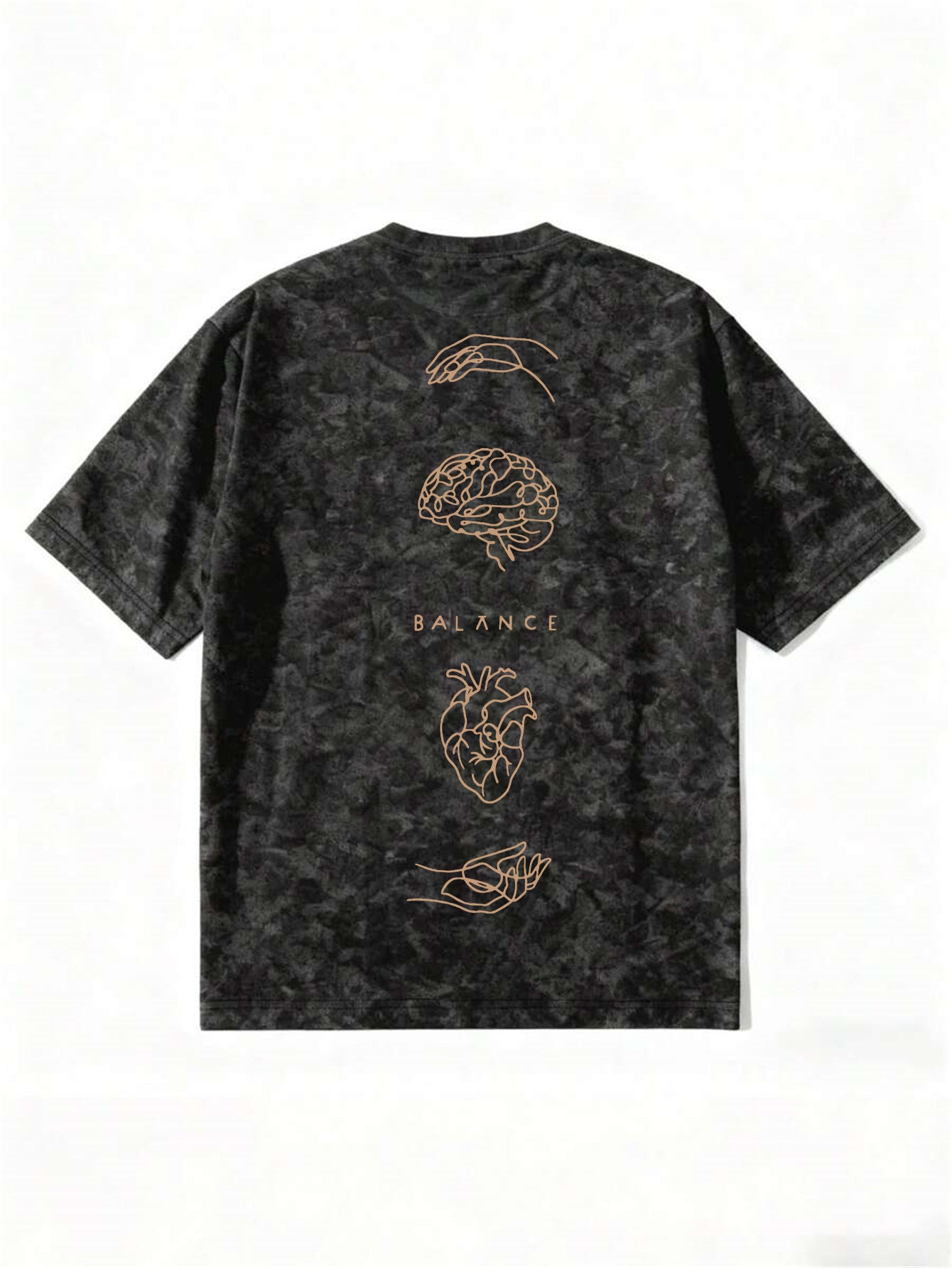 Men's Vintage Washed Distressed T-Shirt - Oversized Loose Fit Retro Tee with Brain/Heart Back Print & BALANCE Lettering