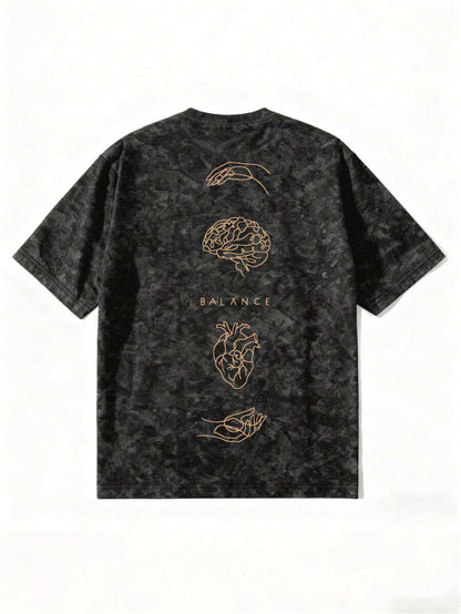 Men's Vintage Washed Distressed T-Shirt - Oversized Loose Fit Retro Tee with Brain/Heart Back Print & BALANCE Lettering