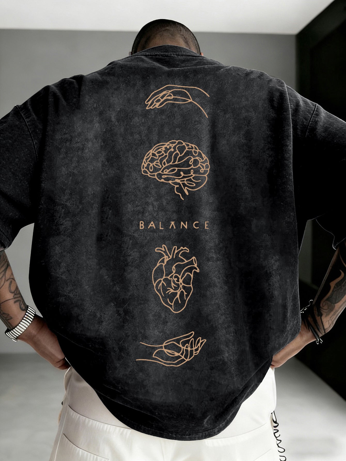 Men's Vintage Washed Distressed T-Shirt - Oversized Loose Fit Retro Tee with Brain/Heart Back Print & BALANCE Lettering