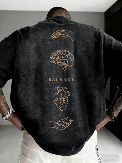 Men's Vintage Washed Distressed T-Shirt - Oversized Loose Fit Retro Tee with Brain/Heart Back Print & BALANCE Lettering