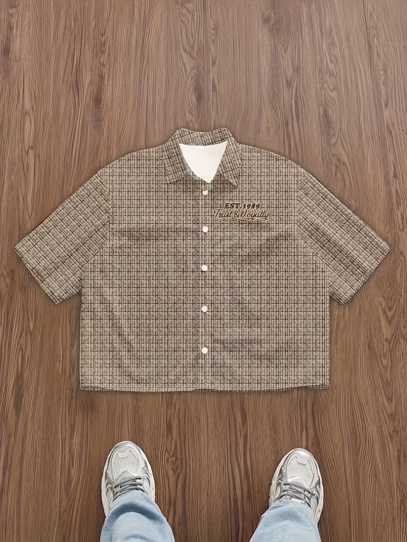 Men'S Street Style Plaid Shirt, Turn- Collar Short-Sleeved Fashion Casual Shirt, with Letters