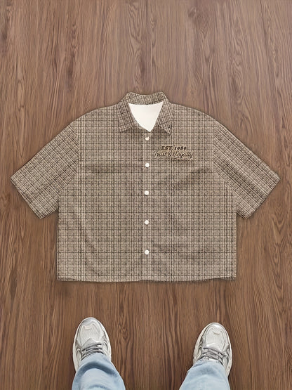 Men'S Street Style Plaid Shirt, Turn- Collar Short-Sleeved Fashion Casual Shirt, with Letters