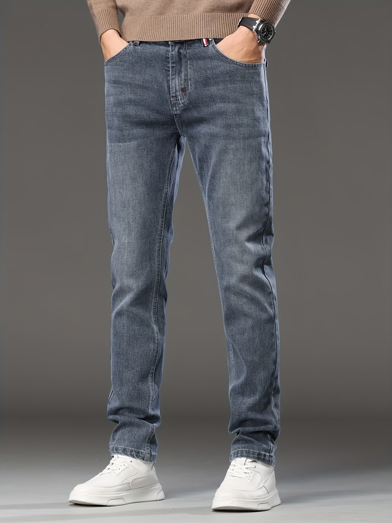 High-end Blue-gray Men's Slim-fit Skinny Stretch Jeans, New Autumn Collection, European-style Casual Long Pants for Spring and Autumn, 2023 New Model