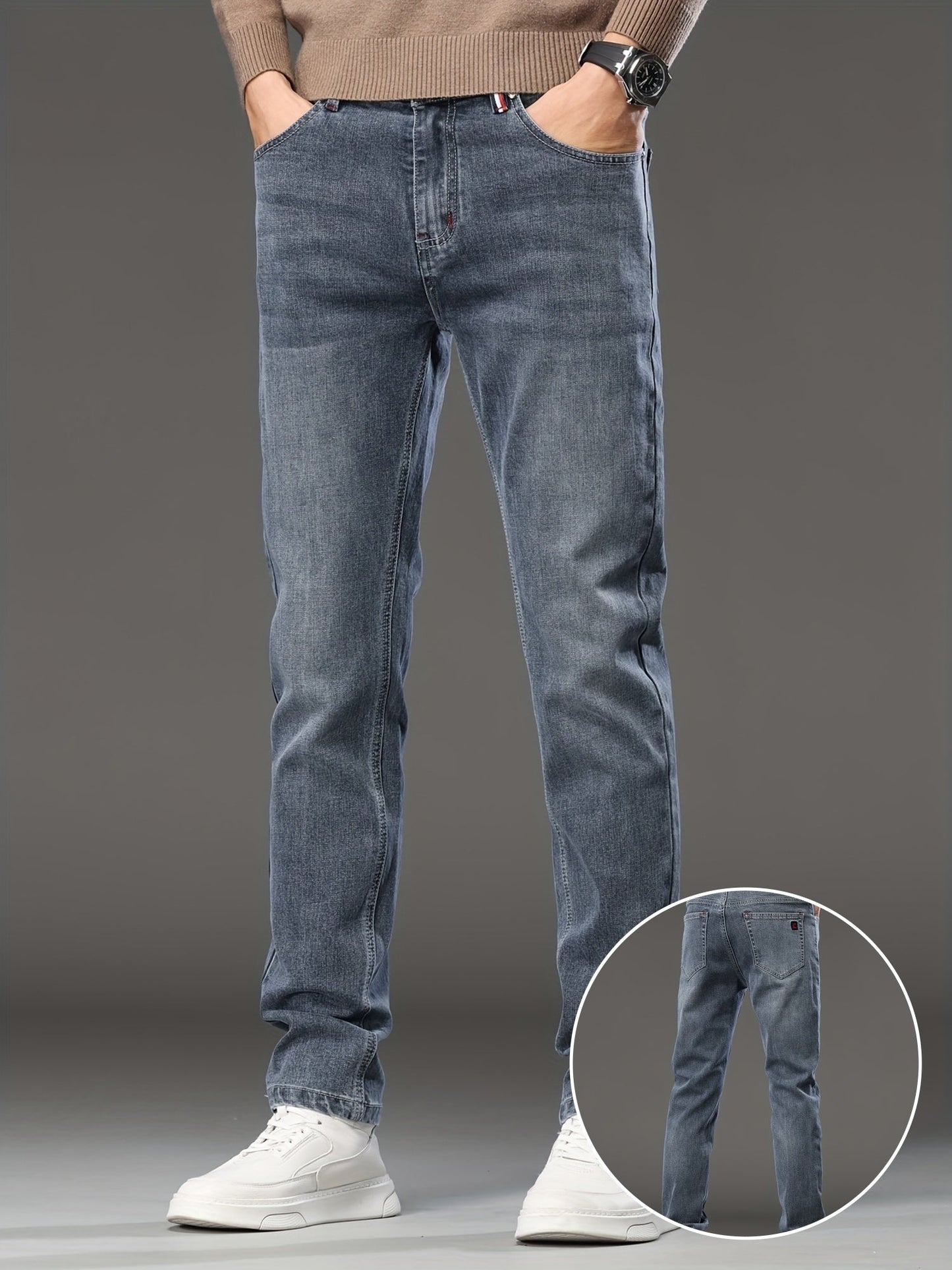 High-end Blue-gray Men's Slim-fit Skinny Stretch Jeans, New Autumn Collection, European-style Casual Long Pants for Spring and Autumn, 2023 New Model