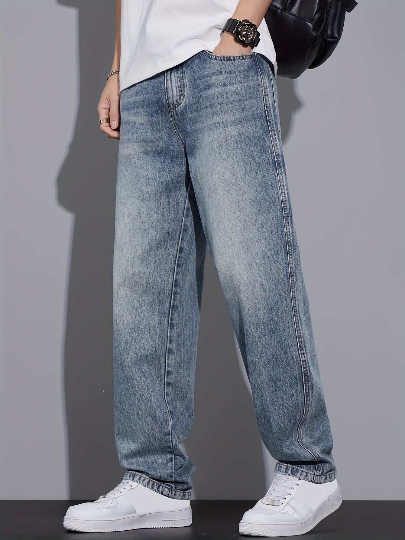 Fashion Street Straight Jeans Men'S Vintage Washed Loose Spring Autumn Trendy Brand Athletic Versatile Casual Light Blue Trousers 2025 New All Seasons (Gengyuan Shi)