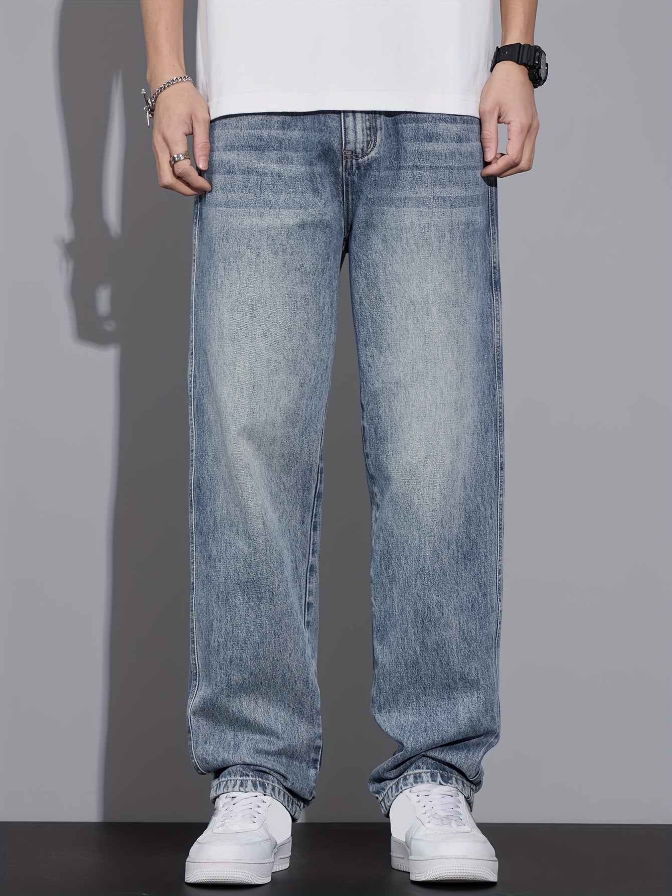 Fashion Street Straight Jeans Men'S Vintage Washed Loose Spring Autumn Trendy Brand Athletic Versatile Casual Light Blue Trousers 2025 New All Seasons (Gengyuan Shi)