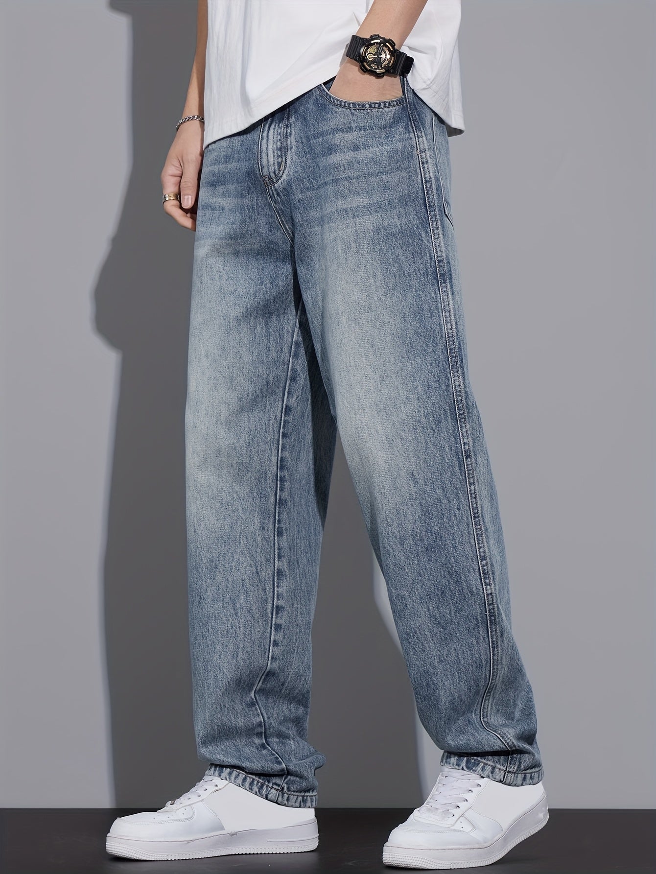 Fashion Street Straight Jeans Men'S Vintage Washed Loose Spring Autumn Trendy Brand Athletic Versatile Casual Light Blue Trousers 2025 New All Seasons (Gengyuan Shi)
