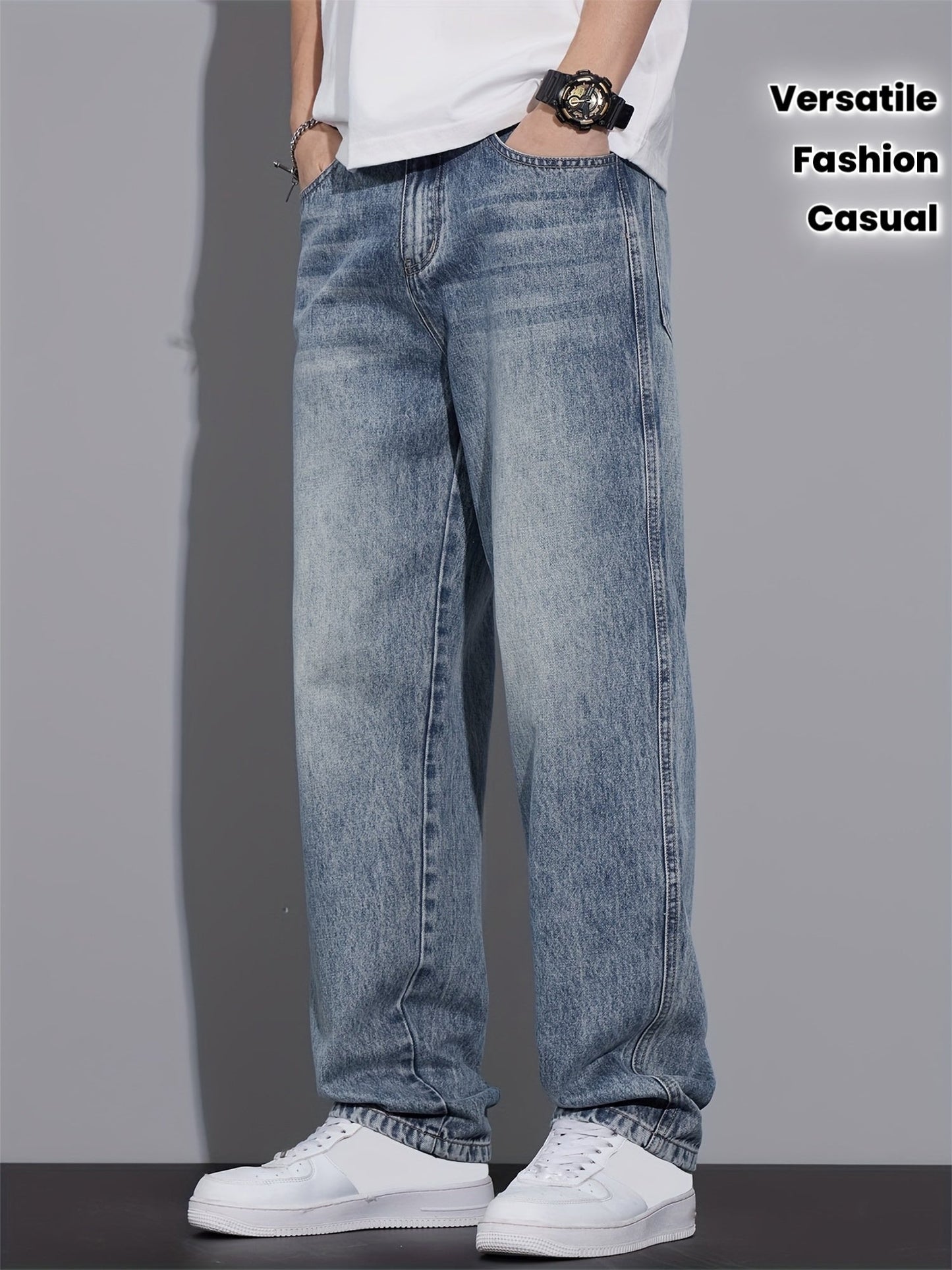 Fashion Street Straight Jeans Men'S Vintage Washed Loose Spring Autumn Trendy Brand Athletic Versatile Casual Light Blue Trousers 2025 New All Seasons (Gengyuan Shi)