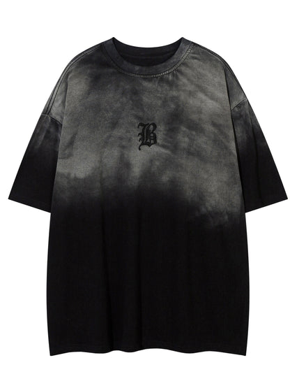 Summer Fashion Brand Washed Distressed Tie-dye Gradient Short Sleeve T-shirt for Men, Casual Versatile Letter Embroidery Round Neck Top