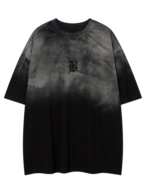 Men's Sunfade Gradient Embroidered Cotton T-Shirt – Washed Tie-Dye Round Neck Casual Half Sleeve Tee
