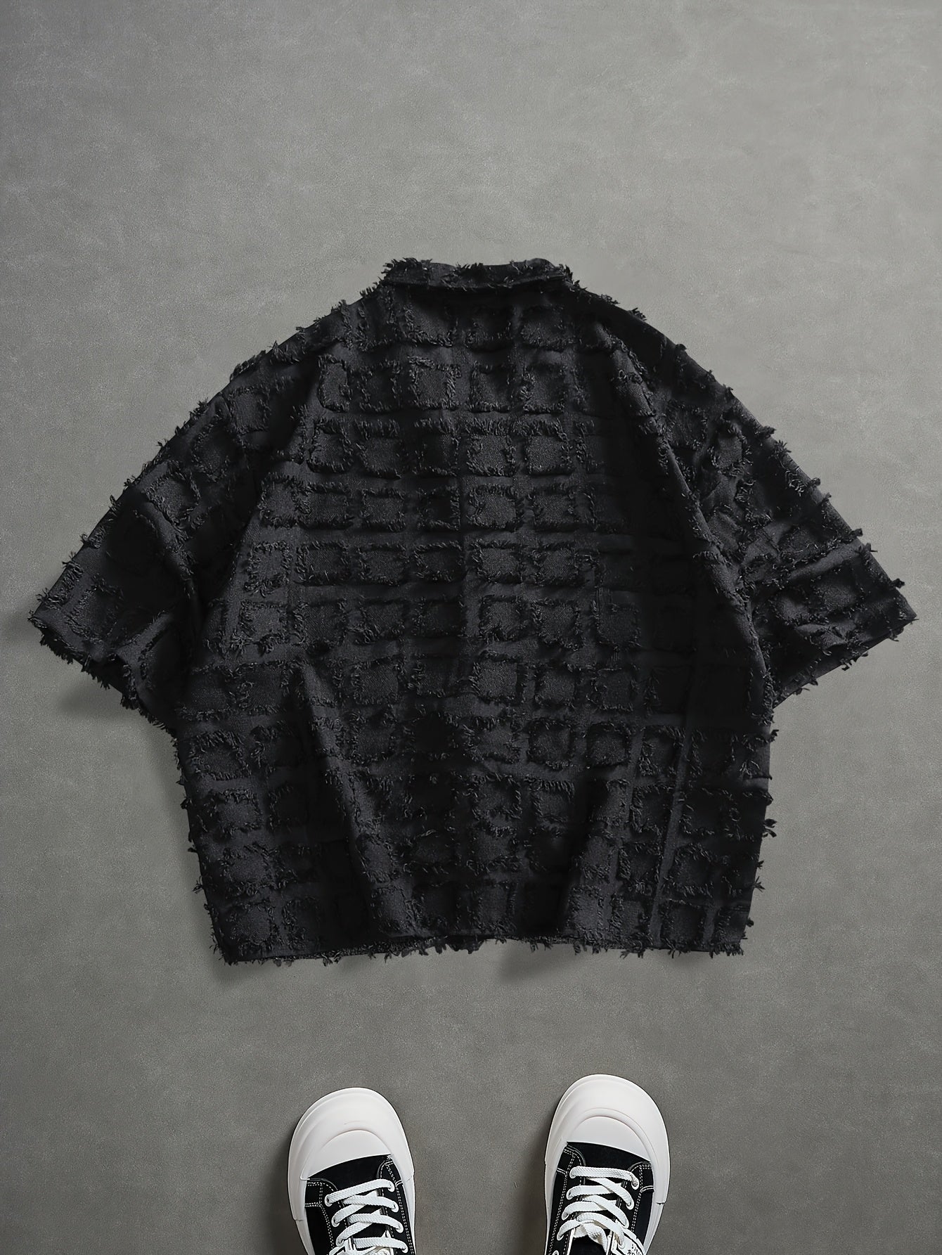 Men'S Fashionable Individual Short Sleeve Shirt, Square Texture And Raw Edge Design, Overall Style Combining Casual And Design