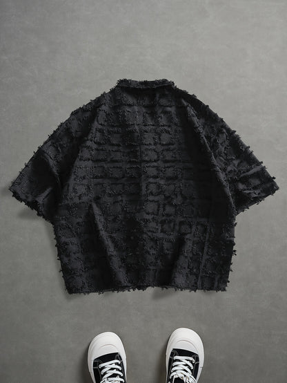 Men'S Fashionable Individual Short Sleeve Shirt, Square Texture And Raw Edge Design, Overall Style Combining Casual And Design