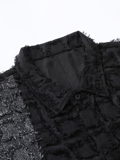 Men'S Fashionable Individual Short Sleeve Shirt, Square Texture And Raw Edge Design, Overall Style Combining Casual And Design
