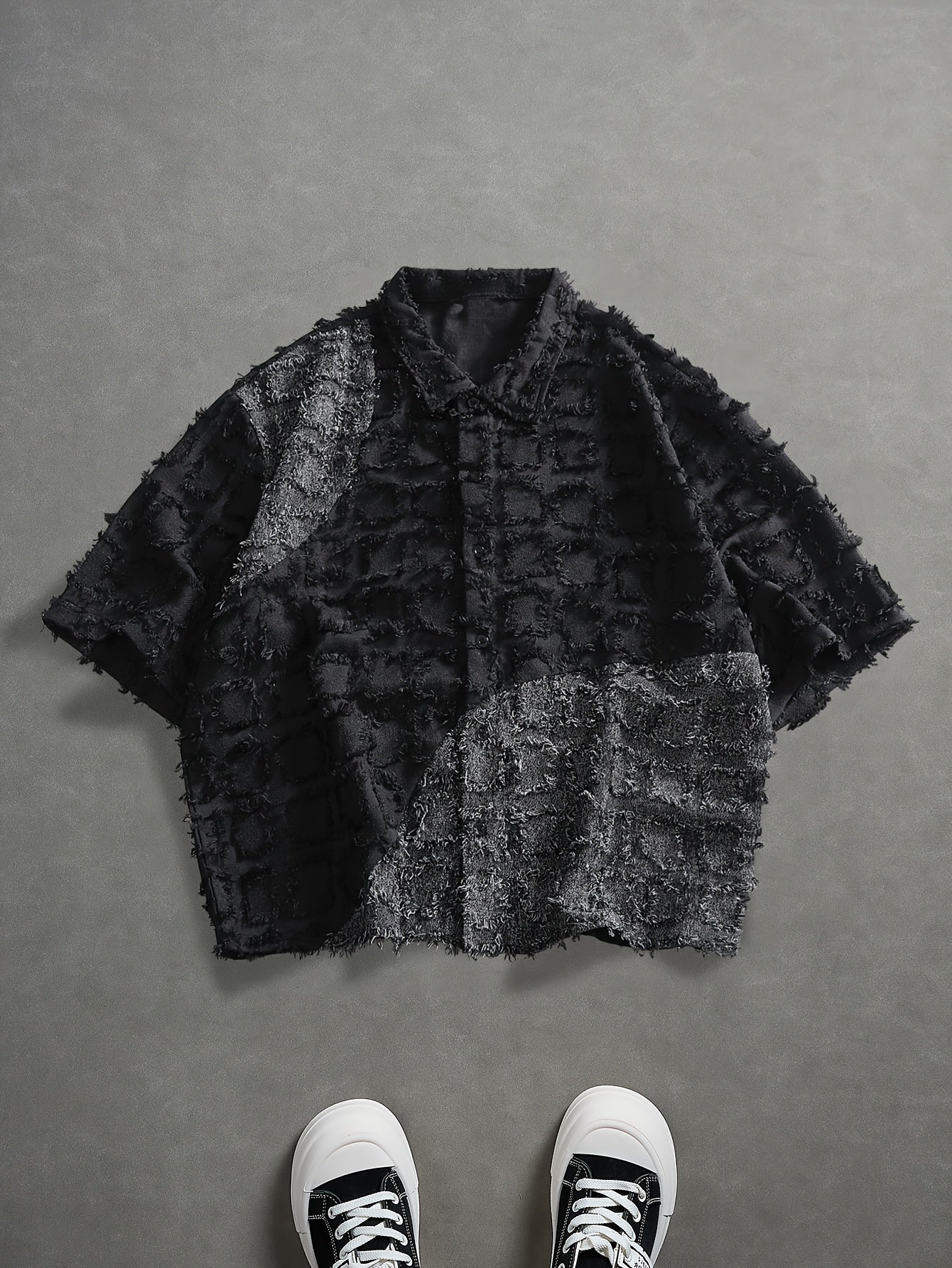 Men'S Fashionable Individual Short Sleeve Shirt, Square Texture And Raw Edge Design, Overall Style Combining Casual And Design