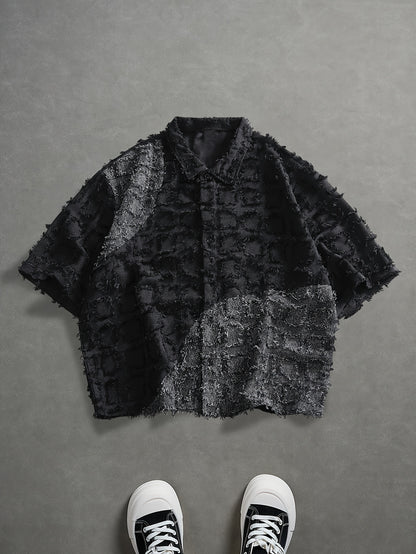 Men'S Fashionable Individual Short Sleeve Shirt, Square Texture And Raw Edge Design, Overall Style Combining Casual And Design