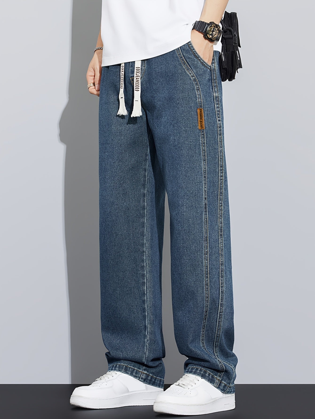 Men's Vintage Washed Blue Jeans - Heavy-Duty Straight-Leg Machine-Washable Pants for Casual, Office, Casual Attire (No-Stretch Non)