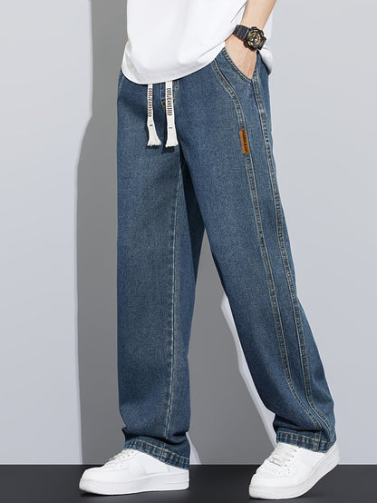 Men's Vintage Washed Blue Jeans - Heavy-Duty Straight-Leg Machine-Washable Pants for Casual, Office, Casual Attire (No-Stretch Non)