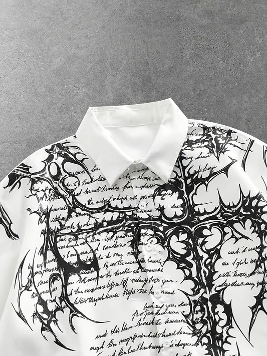 [Men's Print Shirt] Men's White Loose Casual Short Sleeve Button-Up Shirt with Print