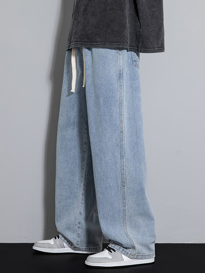 Men's Youth Loose Fit Straight-Leg Wide-Leg Heavy-Duty Washed Elastic Waist Drawstring CQ1110