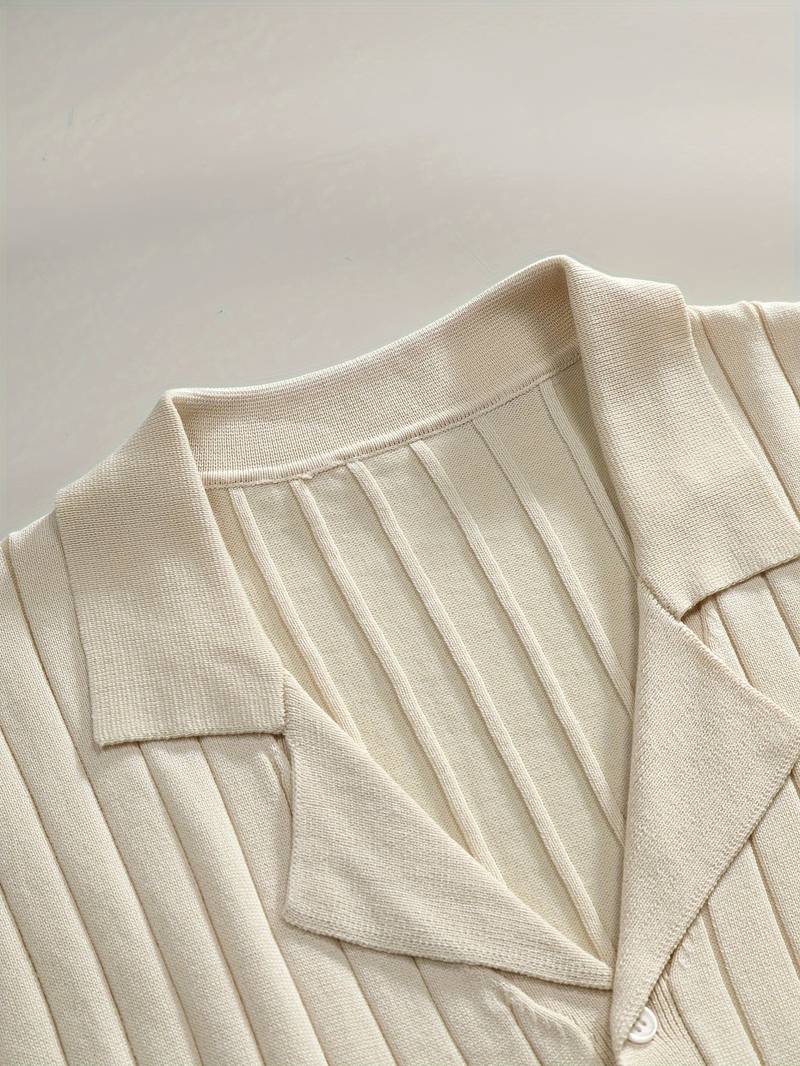 Old Money Classic Ribbed Short Sleeve Lapel Collar Knitted Shirt - 100% Viscose Solid Color Regular Fit Knit Top