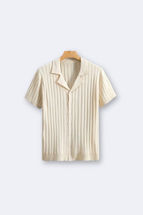 Old Money Classic Ribbed Short Sleeve Lapel Collar Knitted Shirt - 100% Viscose Solid Color Regular Fit Knit Top